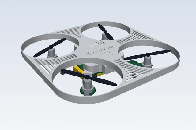 Renderizado del diseño 3D real de AIR Mini REV B que muestra el estudio del marco protector y la disposición de los motores