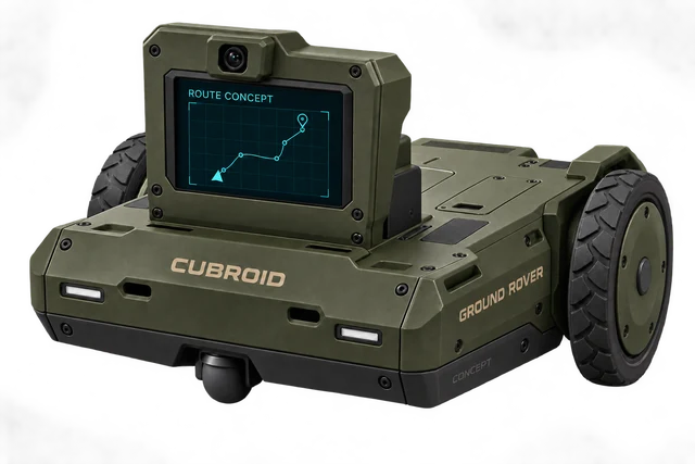 AI concept of a GROUND Rover military-derivative shell with olive covers, two wheels, a front caster and a route display